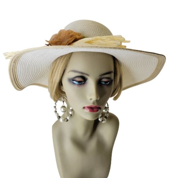 White Paper Straw Hat with Floral Embellish Wide Brim Sun Beach Hat main image 7